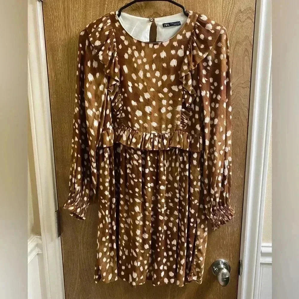 Zara Woman Ruffled Long Sleeve Brown White Polka Dot Animal Print Dress Size XS